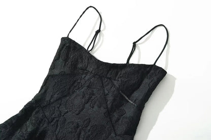 Vintage Jacquard Sling Sexy Dress For Women Thin Straps O Neck Low Waist A-line Mini Dresses Female Lace Up Back Summer Robe