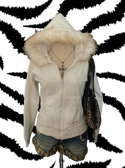 Autumn and Winter Classic Harajuku Style Fashion Retro Hoodie Winter Thick Fur Leather Collar Women's Popular Jacket Top