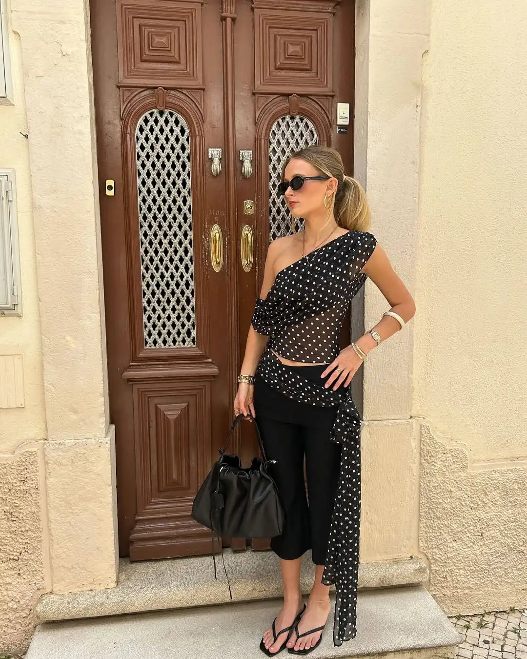 Black Polka Dot Sexy Asymmetric Blouse Women Sheer Mesh One Shoulder Draped Crop Top Women's Date Night Party Club Top
