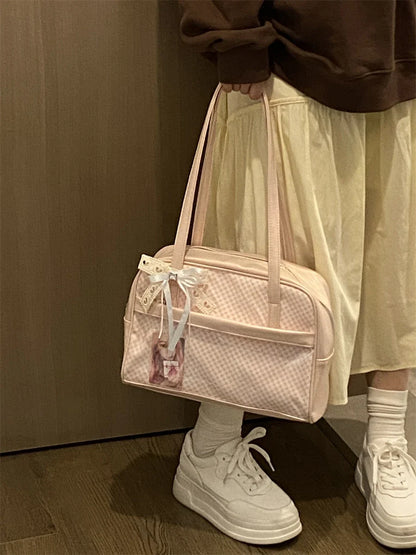 Sweet Girl Japanese Original Pink Plaid Small Capacity Transparent Pain Bag Baby Bag Two-dimensional Student Shoulder Bags
