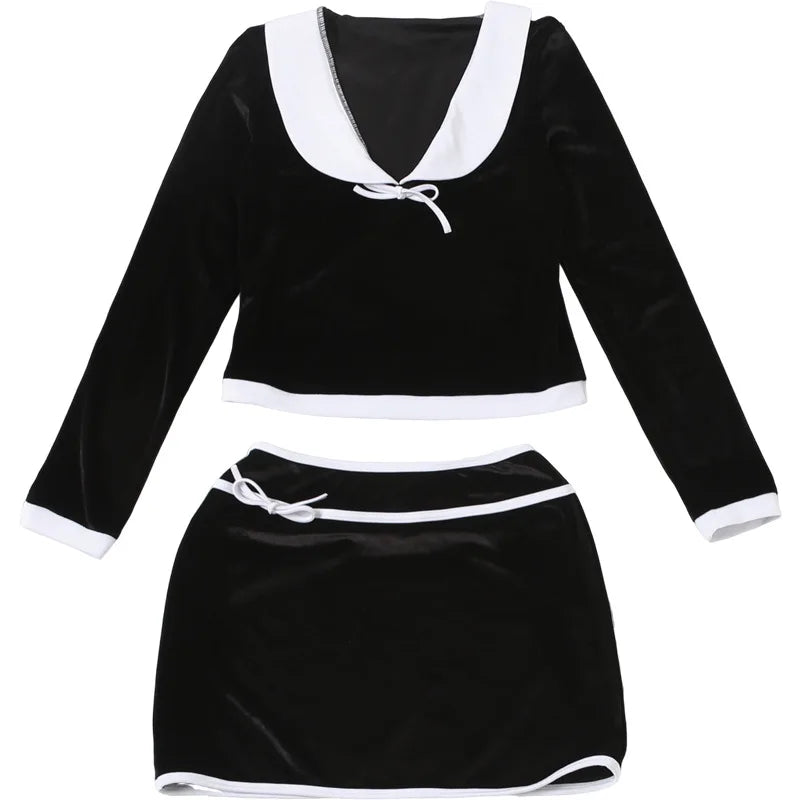 Bow Color Patchwork Velvet 2 Piece Set Women Elegant Sexy Peter Pan Collar Long Sleeve Tops + Bodycon Mini Skirts Casual Suits