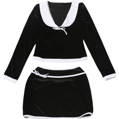 Bow Color Patchwork Velvet 2 Piece Set Women Elegant Sexy Peter Pan Collar Long Sleeve Tops + Bodycon Mini Skirts Casual Suits