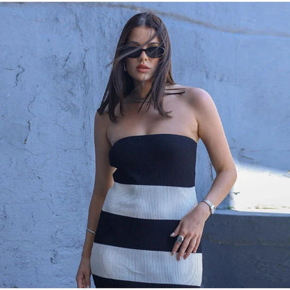 Elegant Striped Knit Cardigan Dress Women Outfit Long Sleeve Button Jacket Tube Sleeveless Dresses Spring Autumn Lady Set