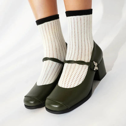 Plus Size Round Toe Thick Heel Metal Butterfly Decoration Office Lady's Shoes With Crossed Thin Straps And Shallow Mouth Pumps