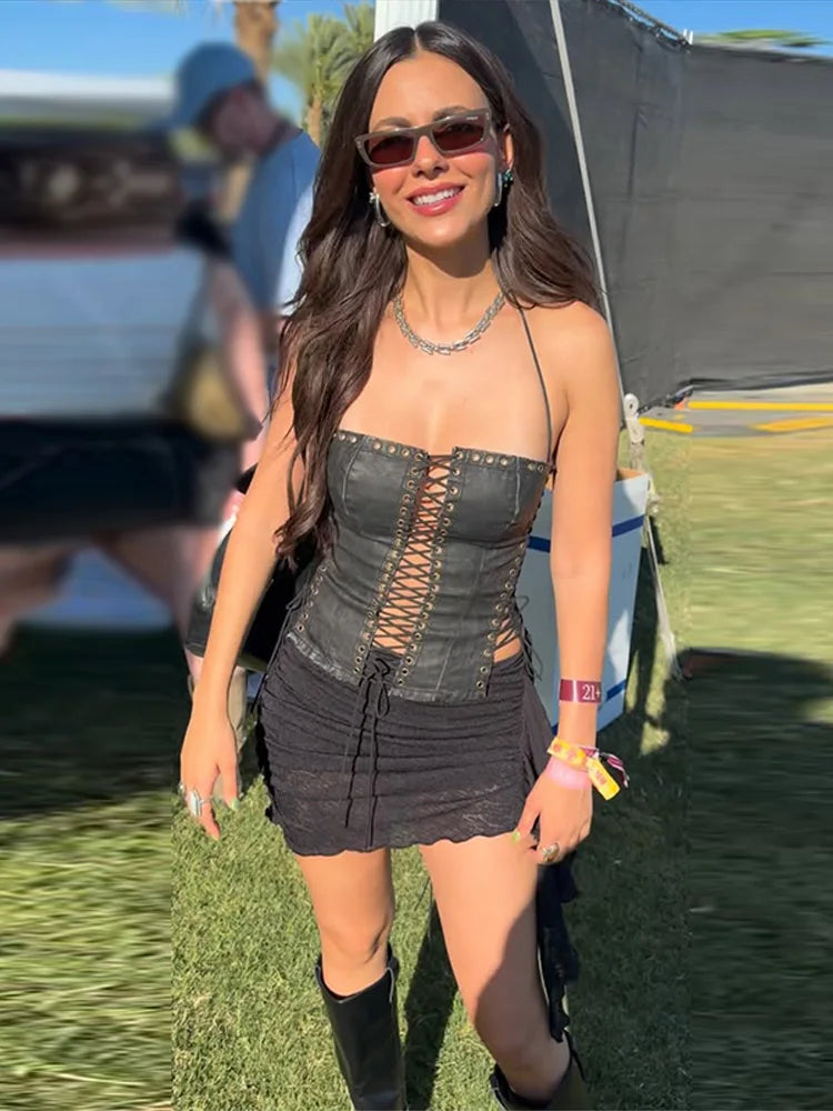 PU Leather Lace-Up Corset Top Slim Fit Spaghetti Strap Hollow Out Summer Gothic Women Camisole Versatile Seductive Lady Top