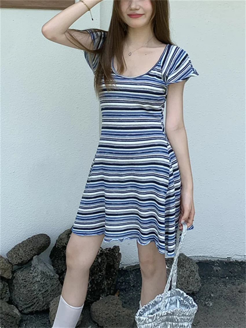 Close Waist Summer Mini Dress Chic Women Knitted Short Sleeve New Soft Casual Stripes All Match Slim Lady