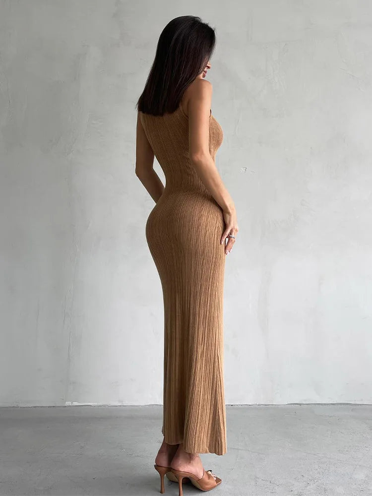 Mock Neck Sleeveless Rib Knit Bodycon Maxi Dress