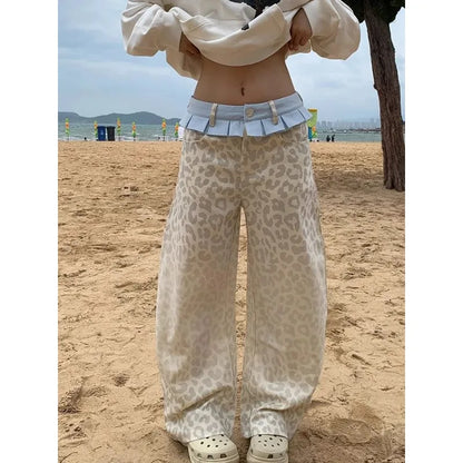 Baggy Patchwork Leopard Pants Women Y2K Harajuku High Waist Wide Leg Vintage Trousers