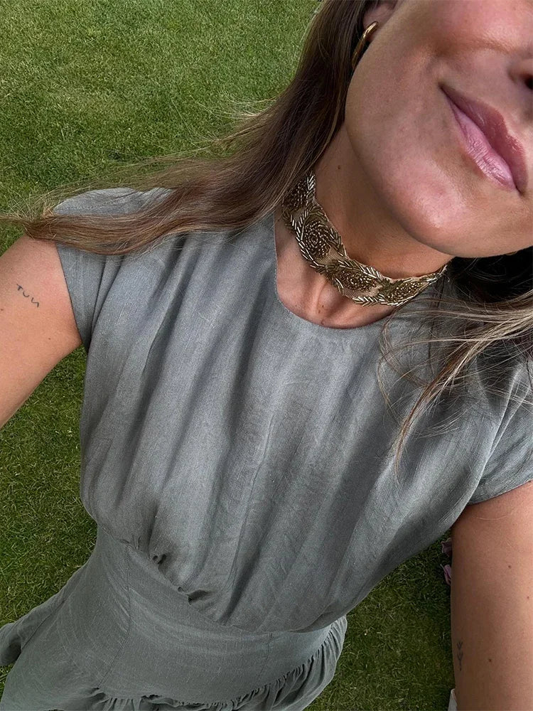 Elegant Grey Spliced Dress For Women Fashion Solid Short Sleeve Pleated Vestidos Summer New Office Lady Evening Party Robe