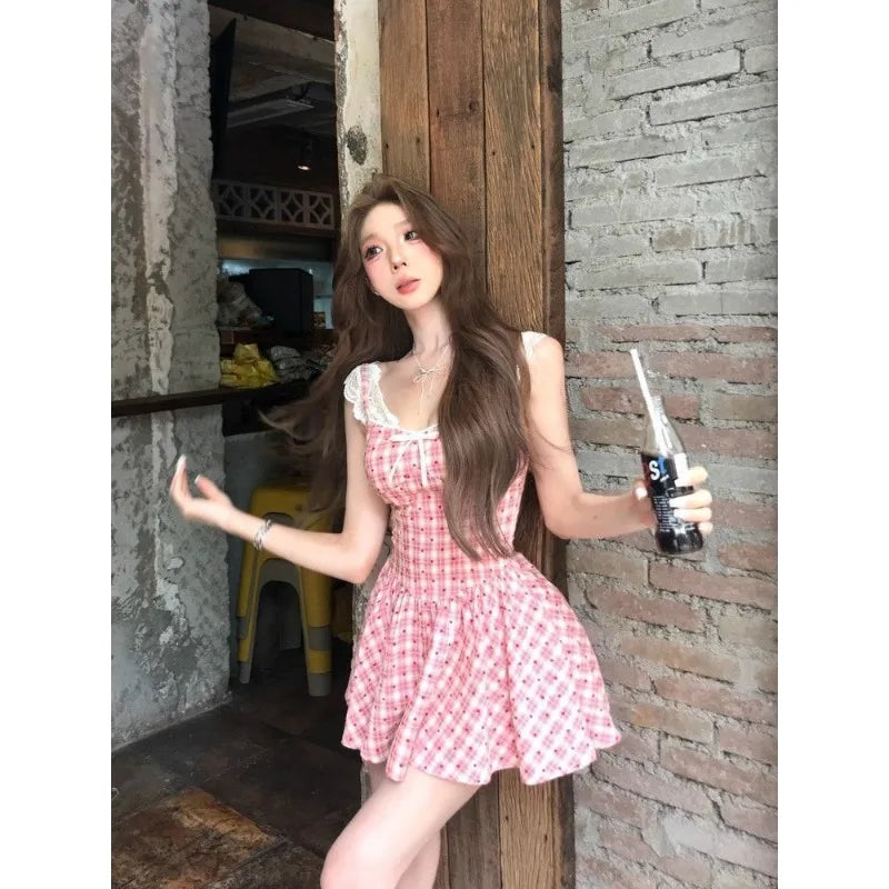 WomenS Pink Plaid Lace Trim Slip Dress Spaghetti Strap Bow Detail Flared Mini Dress Sweet Casual Sundress