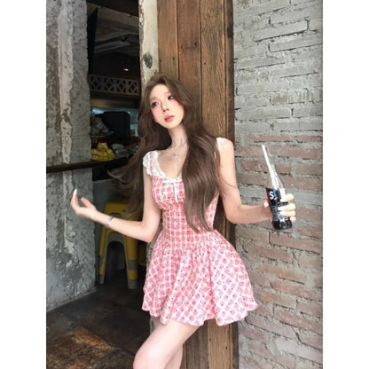 WomenS Pink Plaid Lace Trim Slip Dress Spaghetti Strap Bow Detail Flared Mini Dress Sweet Casual Sundress