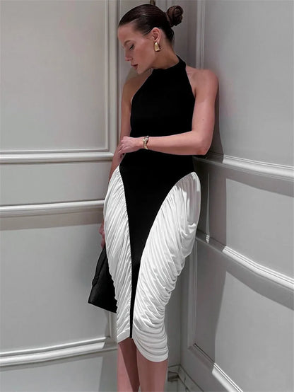 Halter Contrast Panel Gathered Side Bubble Midi Dress