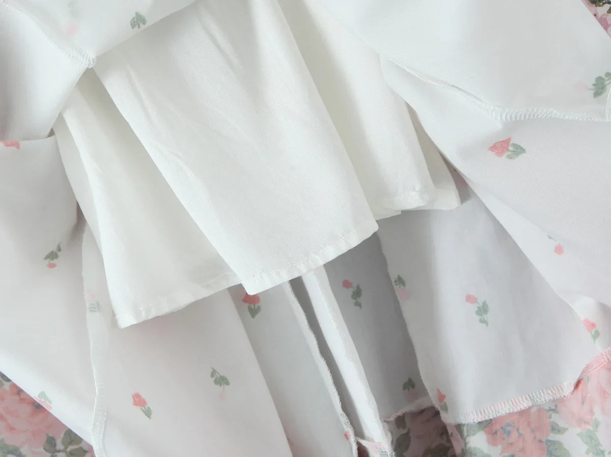 Flower Print Patchwork White Sling Elegant Dress Women Lace Up Bandage Back A-line Summer Dresses Chic Lady Holiday Robe 2025