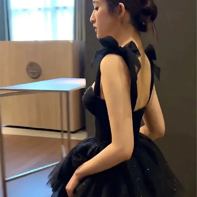 Black Women's New Adult Ceremony Art Exam Graduation Light Luxury Minority Strap Bubble Dress