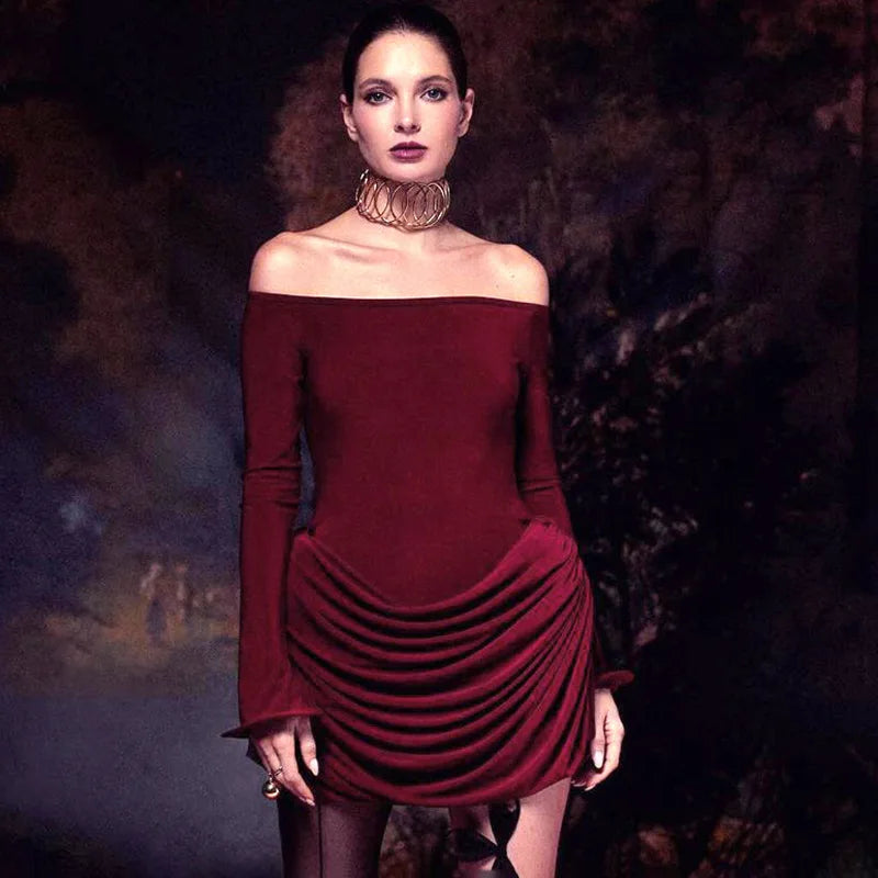 Scoop Neck Long Sleeve Ruched Draped Wrap Hem Bodycon Mini Dress