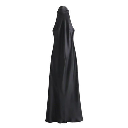 Halter Neck Ruched Bust Satin Column Maxi Dress