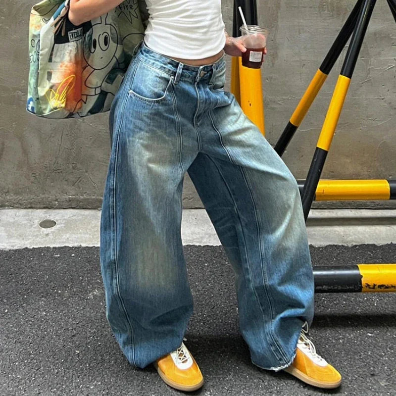 Vintage Oversized Blue Jeans Woman Y2k Casual America Retro Baggy Denim Pants Basic Harajuku Wide Leg Trousers Summer