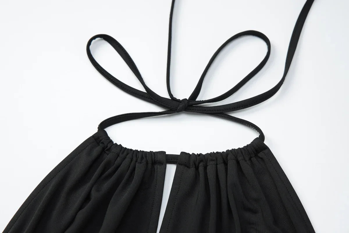 Elegant Women Streetwear Vacation Dresses Sexy Deep V-Neck Halter Dress Black Ruched Backless Lace Up Split Long Dress