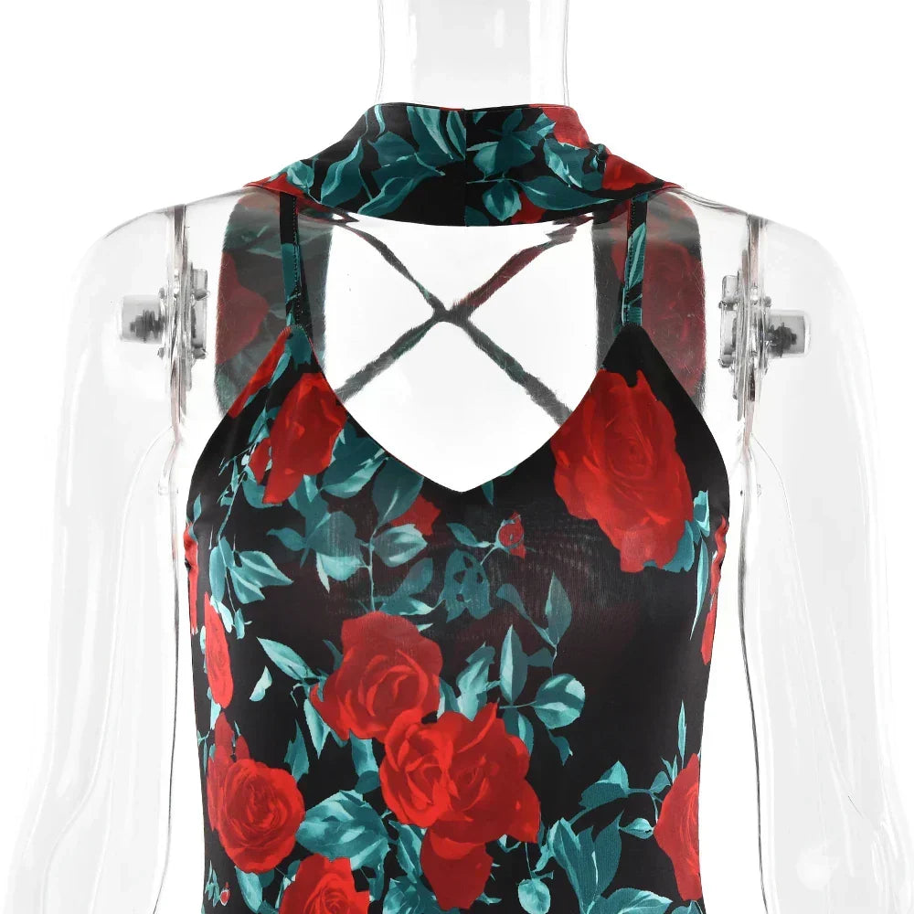 Deep V Spaghetti Strap Floral Print Bodycon Maxi Dress