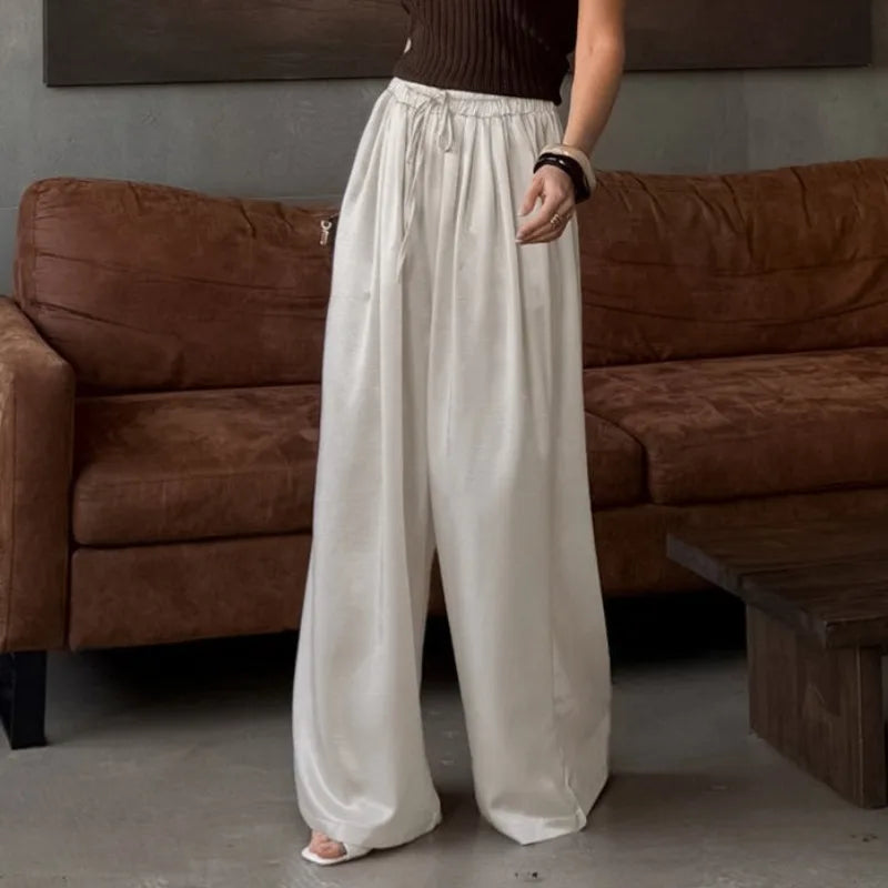 Women's Fashion Satin Pants Solid Vintage Lace Up Patchwork Loose Trouser Summer Elegant Casual Commute Female Trousers