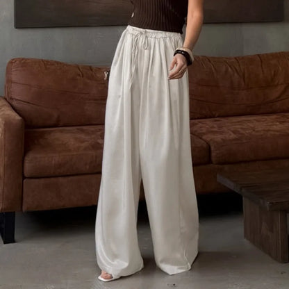 Women's Fashion Satin Pants Solid Vintage Lace Up Patchwork Loose Trouser Summer Elegant Casual Commute Female Trousers