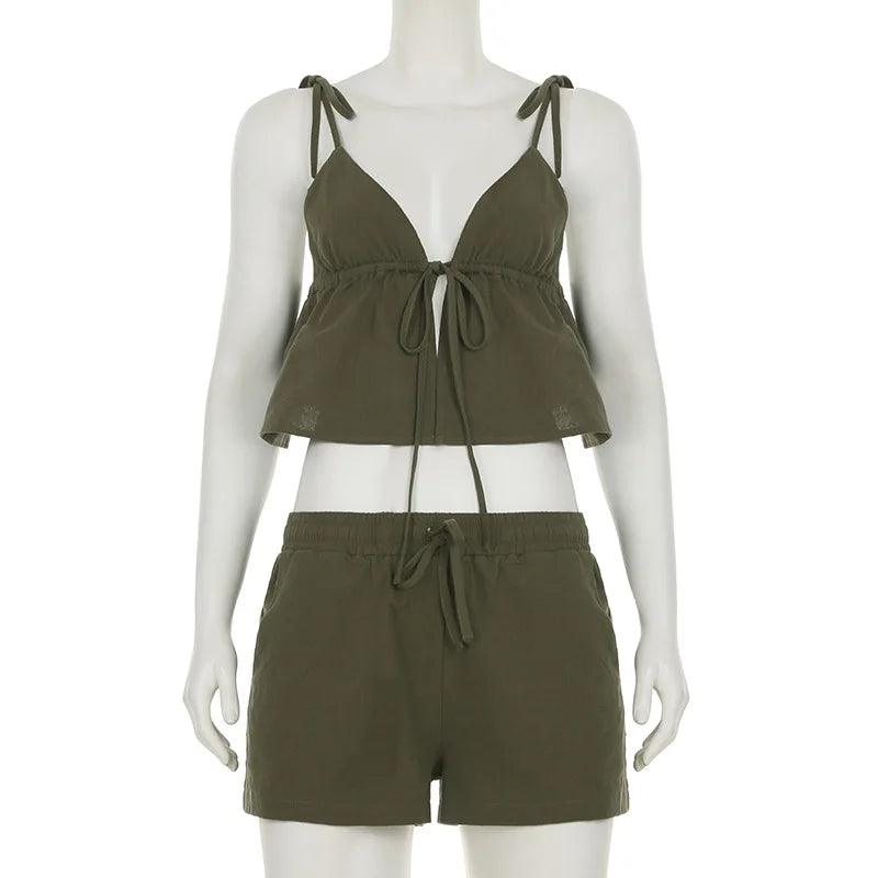 Summer Cotton Linen Short 2 Piece Sets for Women Sexy Spaghetti Strap Tops and Drawstring Short Sets Female Casual Matching Sets