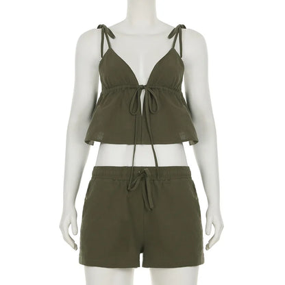 Summer Cotton Linen Short 2 Piece Sets for Women Sexy Spaghetti Strap Tops and Drawstring Short Sets Female Casual Matching Sets