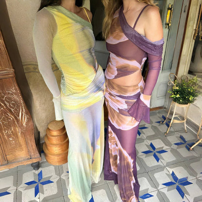Contrasted Printed Maxi Dress 2 Piece Set Women's Sexy Off-Shoulder Top Long Sleeve Bodycon Long Dress Casual Outfit