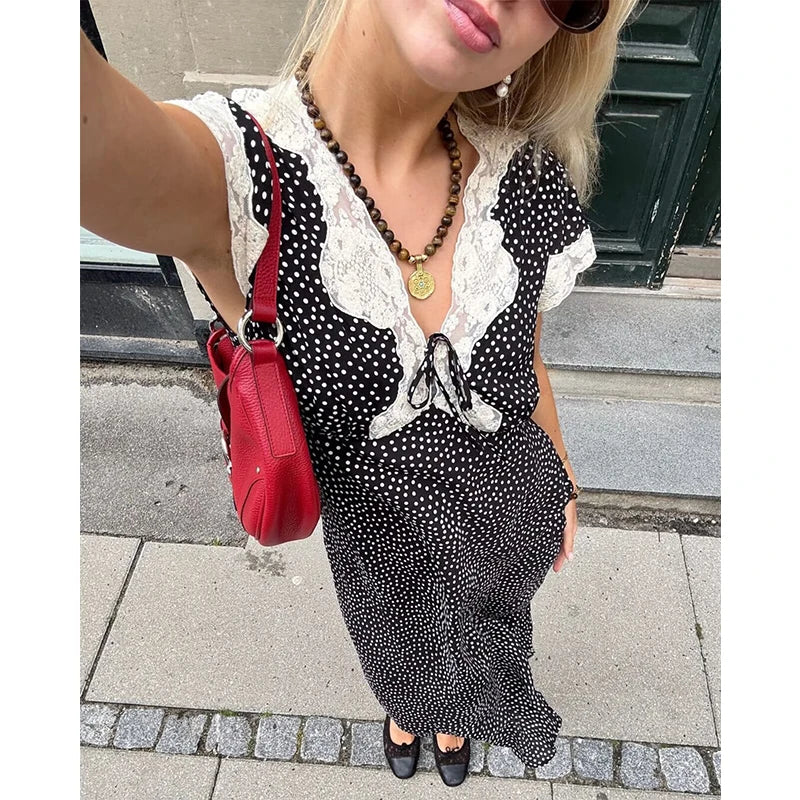 New 2026 Women Short Sleeve V Neck Elegant A-line Midi Summer Polka Dot Dresses Holiday Robe