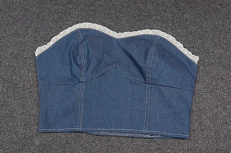 Patchwork Denim Ruffled Y2K Crop Top Women Pleated Strapless Off Shoulder Short Tank Tops Sexy Casual Cami Chic Tops