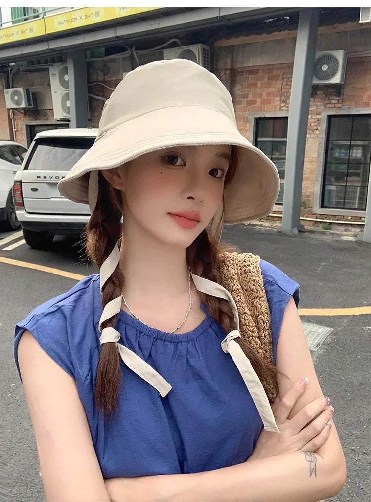 Korean Retro Red Strap Bucket Hats Summer Travel Versatile Sunscreen Show Face Small Sweet Beautiful Women's Caps