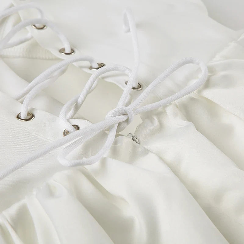 French Style Women Strapless A-line Dress White Romantic Chic Backless Lace-up Corset Long Dress Evening Party Outfit