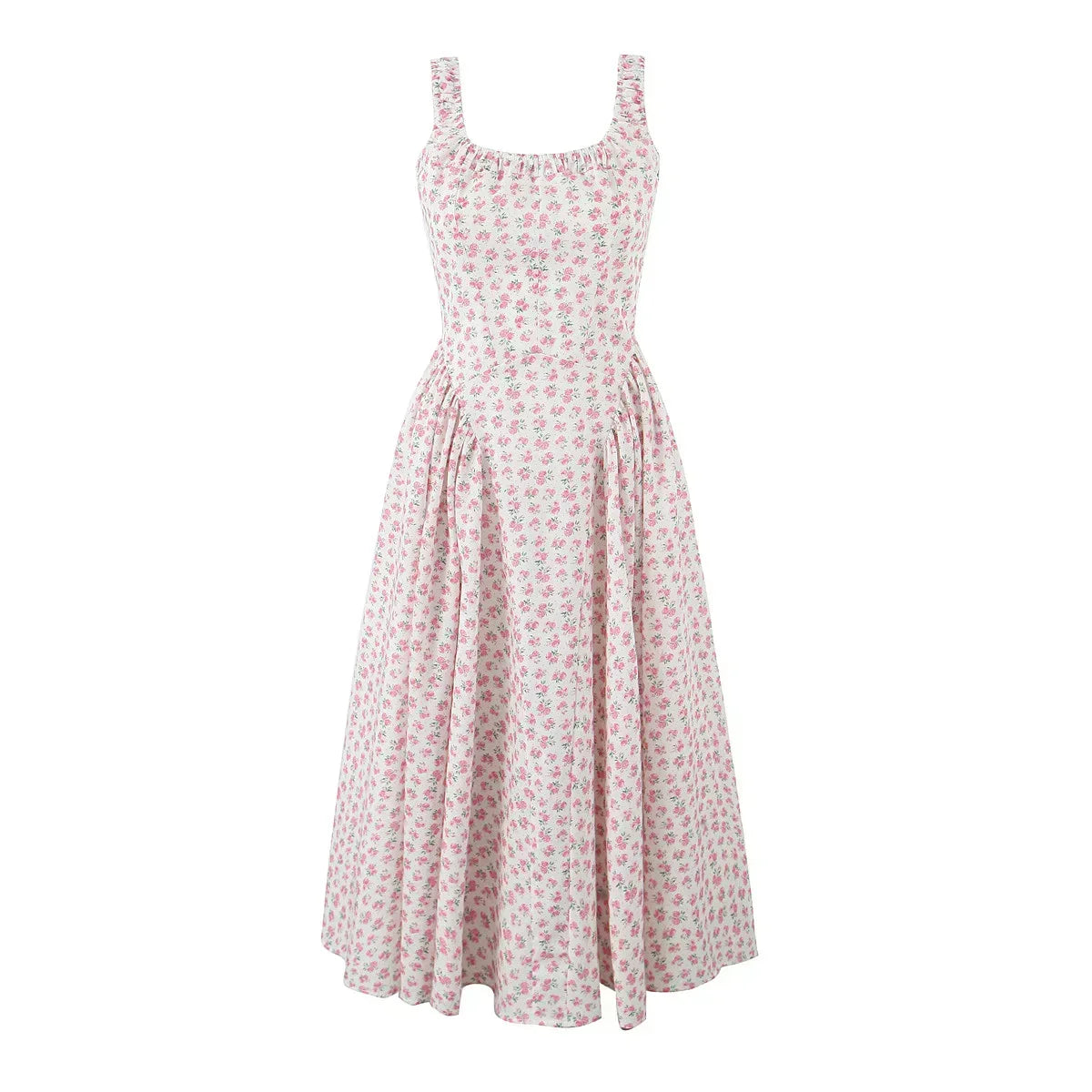 Square Neck Ruffle Strap Ditsy Floral Fit and Flare Midi Dress