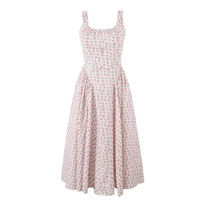Square Neck Ruffle Strap Ditsy Floral Fit and Flare Midi Dress