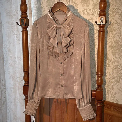 Lolita Detective Academy Retro Bow Tie Long Sleeve Shirts Autumn Victorian Elegant Ruched Solid All Match Women Blouse