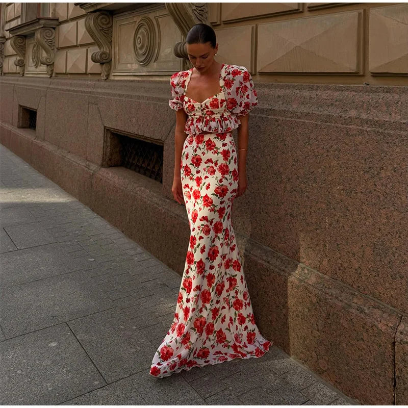Elegant Printed Long Skirts Sets Women Square Collar Half Sleeve Crop Tops Low Waist Slim A-line Skirt 2025 Autumn Lady Chic Set