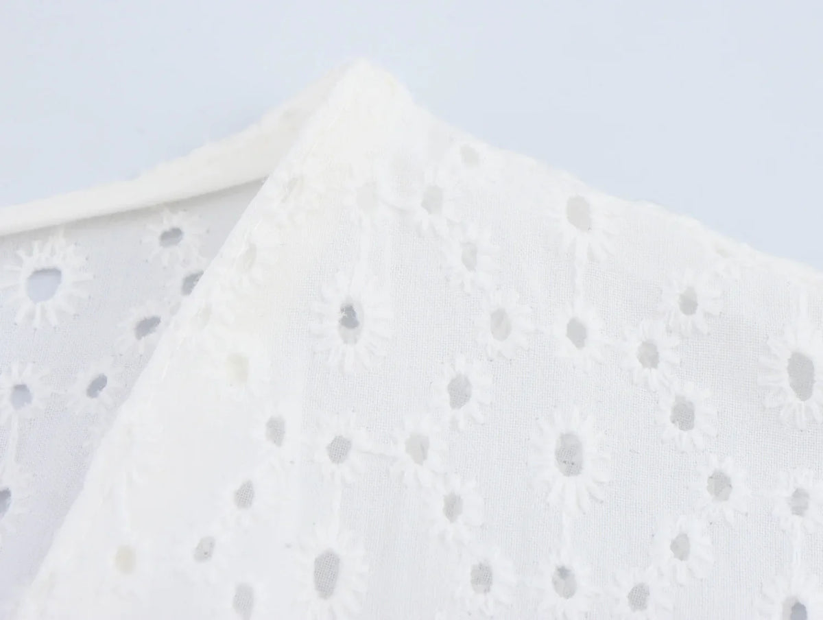 Lantern Sleeve Flower Embroidery Short Dress Elastic Waist A-line White Women Dress Vacation Casual Summer Dresses