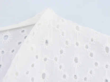 Lantern Sleeve Flower Embroidery Short Dress Elastic Waist A-line White Women Dress Vacation Casual Summer Dresses