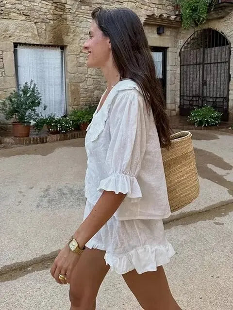 French Chic Elegant Shirt Blouse White Lace Peter Pan Collar Cotton Summer Puff Sleeve Loose Women Ladies Blouse Tops