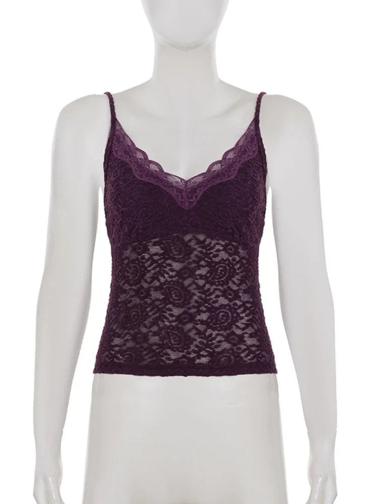 Women Summer New V Neck Cami Top Fashion Hollow Lace Sleeveless Tank Top Basic Layering Camisole for Club Street Party