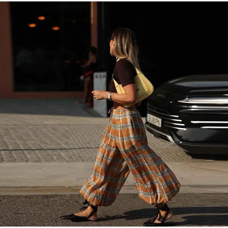 Retro Plaid Loose Jogger Pant Women Chic Casual Drawstring Long Pants Female 2025 Autumn Versatile Fashion Street Trousers