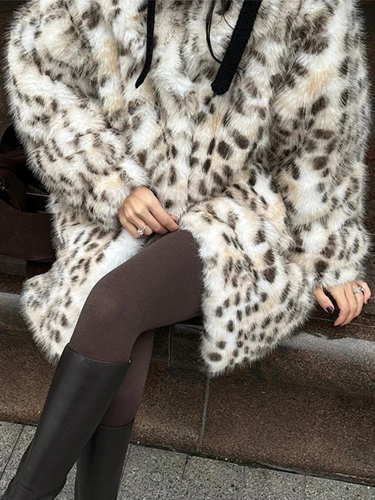 Women Fashion Leopard Faux Fur Jacket Coat Long Sleeve Front Snap-button Female Outerwear Chic Lapel Collar Thick Coats