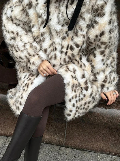 Women Fashion Leopard Faux Fur Jacket Coat Long Sleeve Front Snap-button Female Outerwear Chic Lapel Collar Thick Coats