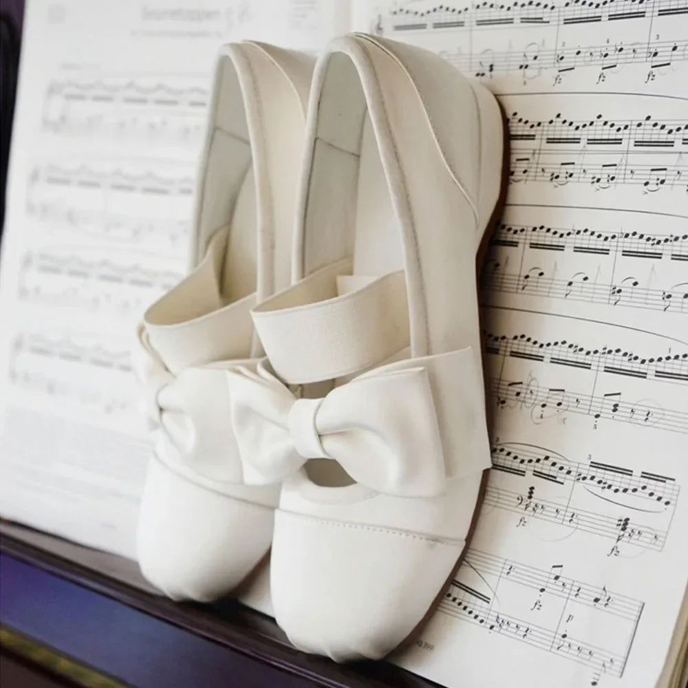 Women's Bow Mary Jane Shoes Square Satin Low Heel Flat Shoes Elegant Strap Ladies Pumps for Wedding Office Daily Wear Shoes