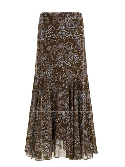Women's Vintage Brown Floral Print Maxi Skirt New Spring Summer Retro Style A Line Long Skirt Casual Boho Outfit No Belt