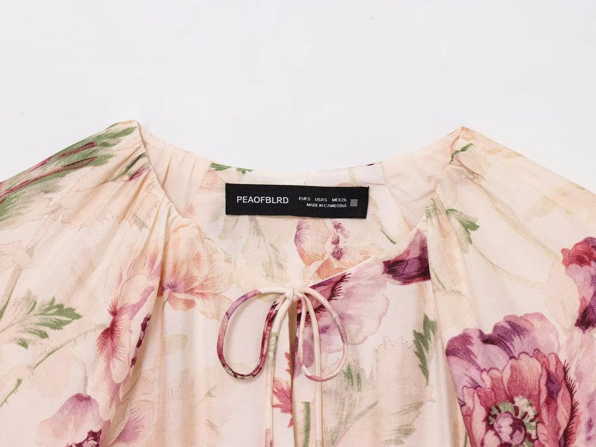 Fashion All-match Puff Sleeve Short Women Dress Round Neck Floral Print Chic New Dress Elegant Summer Woman Clothing