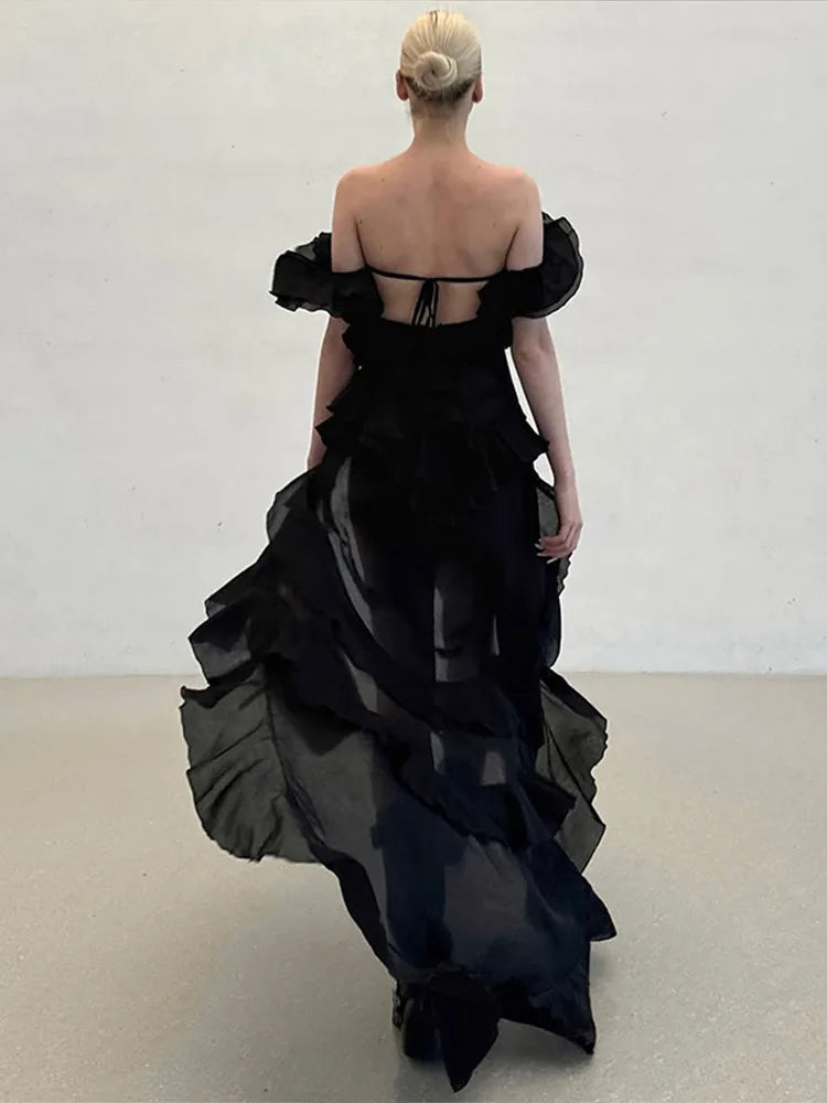 Chic Ruffle Backless Dress Women Slash Neck Sleeveless Lace Up Irregular Hem Floor-length Dresses Female 2025 Spring Lady Robe