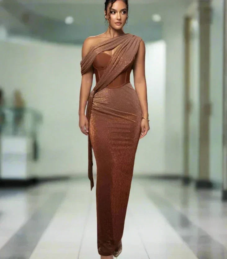 One Shoulder Draped Glitter Corset Maxi Gown