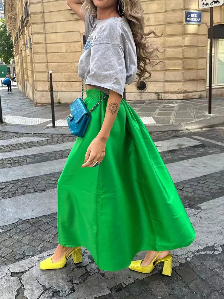 Silk Patchwork High Waist Long Skirt Women's Summer Solid Color Skirt Fashion Simple Loose New Women's Long Skirt 2024
