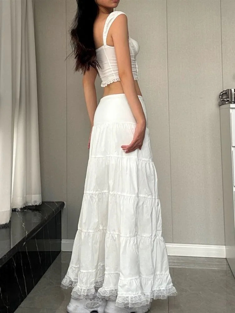 White Long Skirts High Waist Drawstring Casual Cake Skirt for Women Vintage Lace Patchwork Loose Folded Ladies Clothing